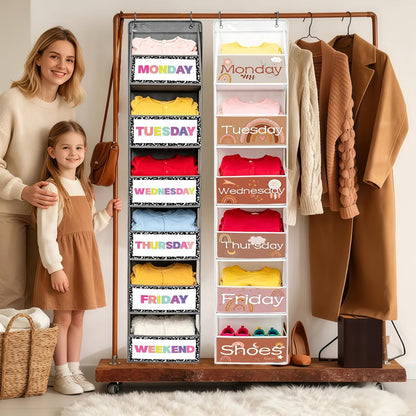 2 Pack Weekly Clothes Organizer for Kids, 6 Shelf Hanging Closet Organizer with Clear Window, Foldable Days of the Week Over the Door Outfit Organizer with Labels for Closet School