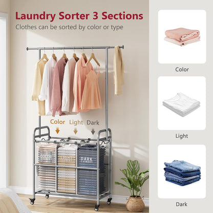 Tajsoon Laundry Hamper with Hanging Rack, 3 Section Laundry Sorter with Heavy Duty Lockable Wheels, Laundry Basket Organizer for Dirty Clothes Storage, 3 Beige