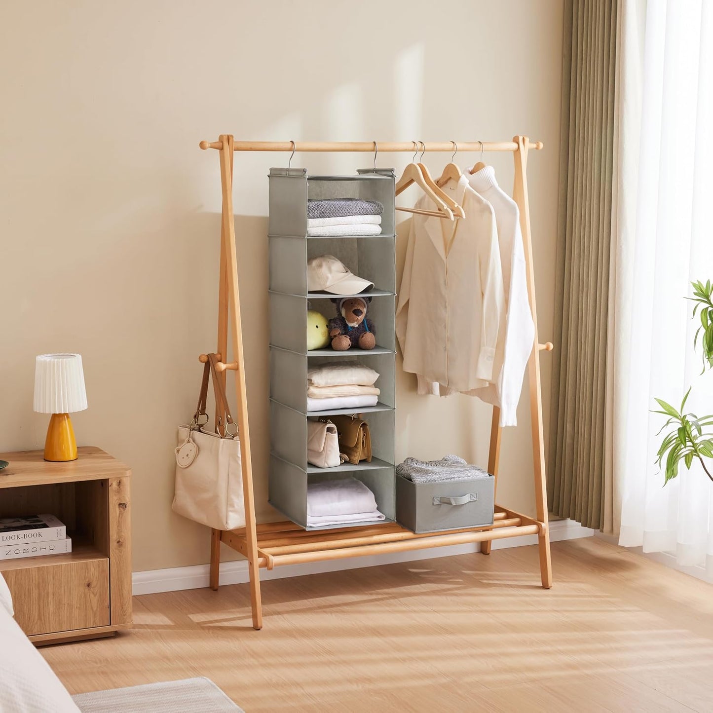 MAX Houser 6 Tier Shelf Hanging Closet Organizer, Closet Hanging Shelf with 2 Sturdy Hooks for Storage, Foldable (Grey)