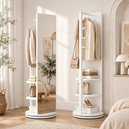 Full Length Mirror with Coat Rack & Storage, 360° Rotating Solid Wood Standing Floor Mirror with Shelves for Bedroom, Entryway, Dressing Room (Natural Wood, 66" x 18")