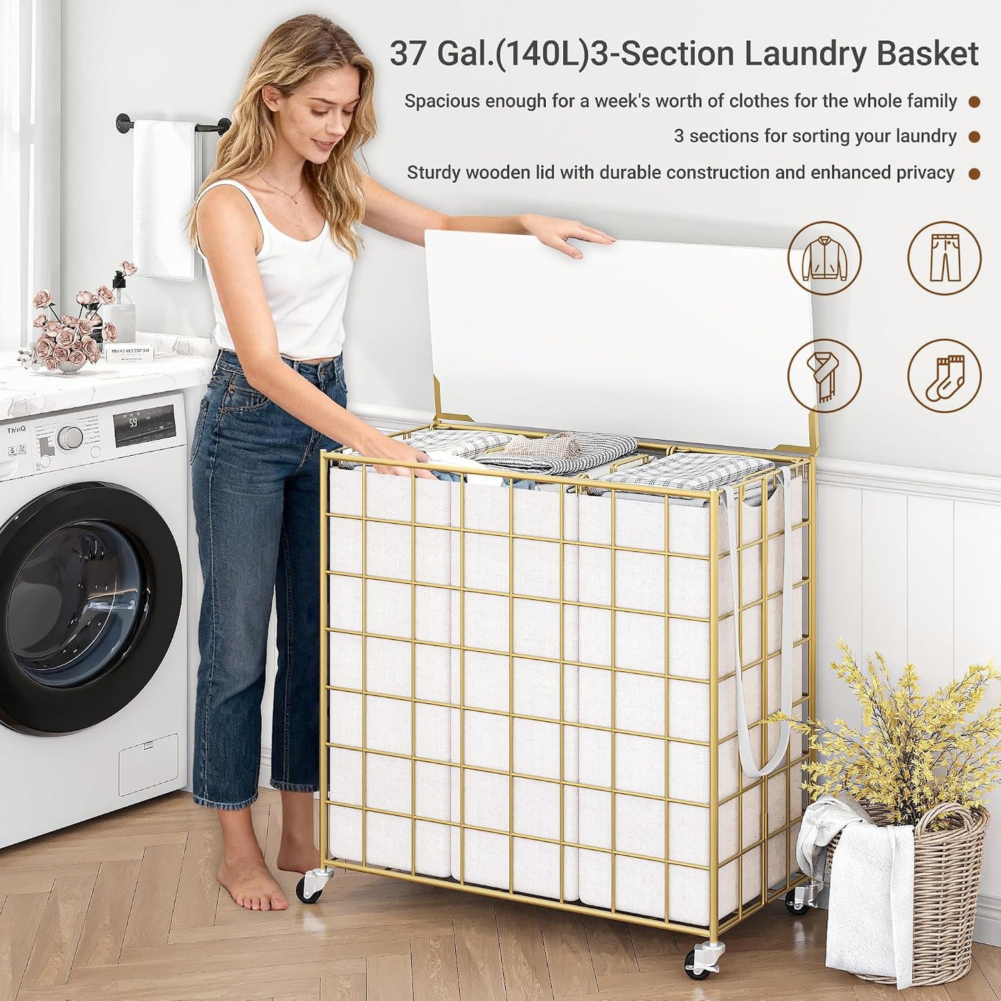 Laundry Basket with Wheels, Heavy Duty Laundry Sorter 2 Sections, 120L (32Gal.) Large Capacity Laundry Hamper with Wood Lid, 360 Rolling Wheels, Extra Side Pocket, Leather Pull Handle, Beige