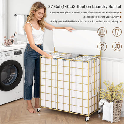 Laundry Basket with Wheels, Heavy Duty Laundry Sorter 2 Sections, 120L (32Gal.) Large Capacity Laundry Hamper with Wood Lid, 360 Rolling Wheels, Extra Side Pocket, Leather Pull Handle, Beige