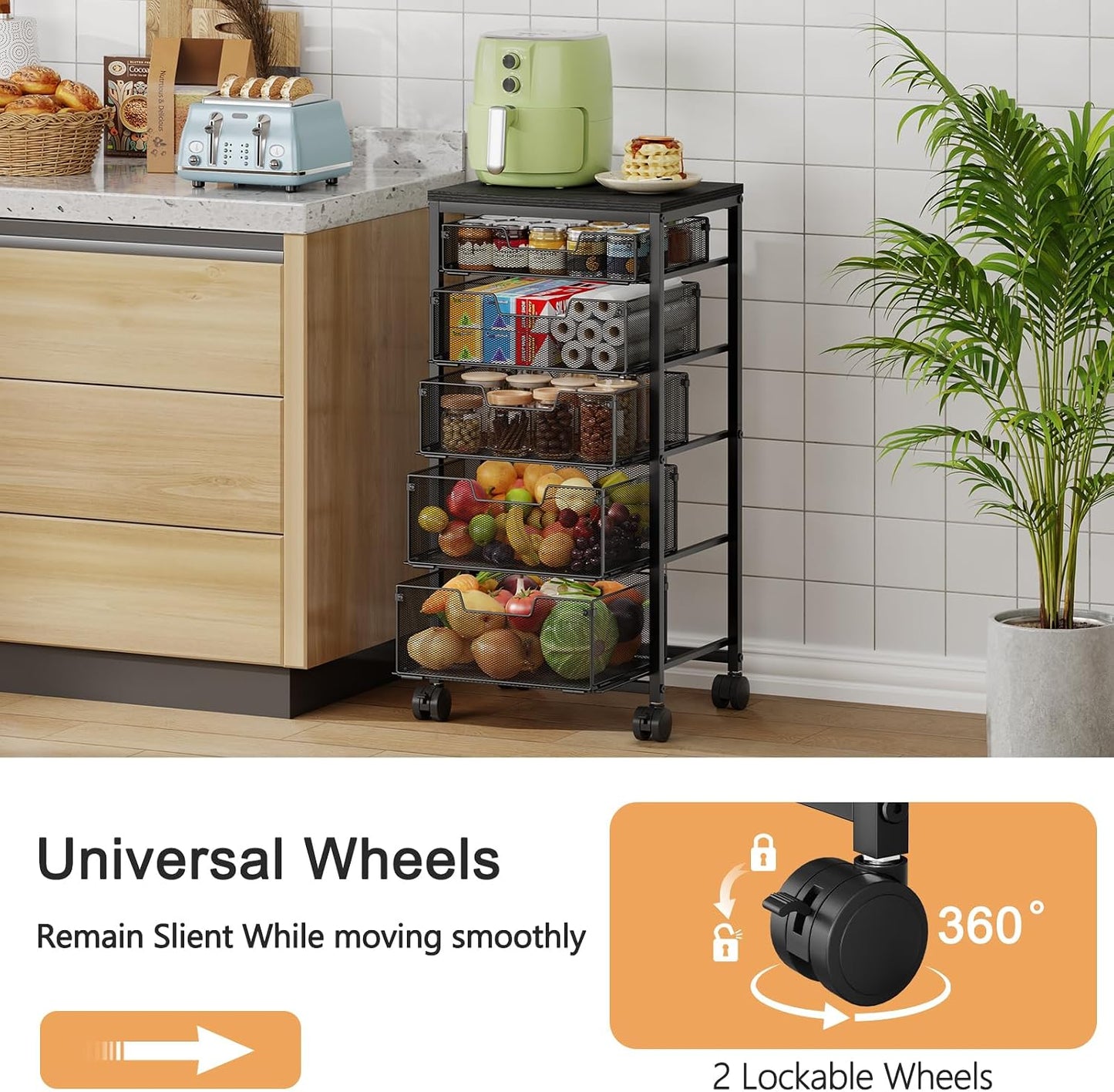 4 Tier Kitchen Rolling Cart, Kitchen Storage Cart with Wheels, Adjust Pantry Organizer and Storage Cart with Drawer, Fruit Vegetable Spice Storage Cart, Wooden Top Metal Kitchen Organizer Rack Stand
