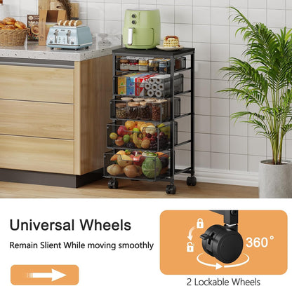 4 Tier Kitchen Rolling Cart, Kitchen Storage Cart with Wheels, Adjust Pantry Organizer and Storage Cart with Drawer, Fruit Vegetable Spice Storage Cart, Wooden Top Metal Kitchen Organizer Rack Stand