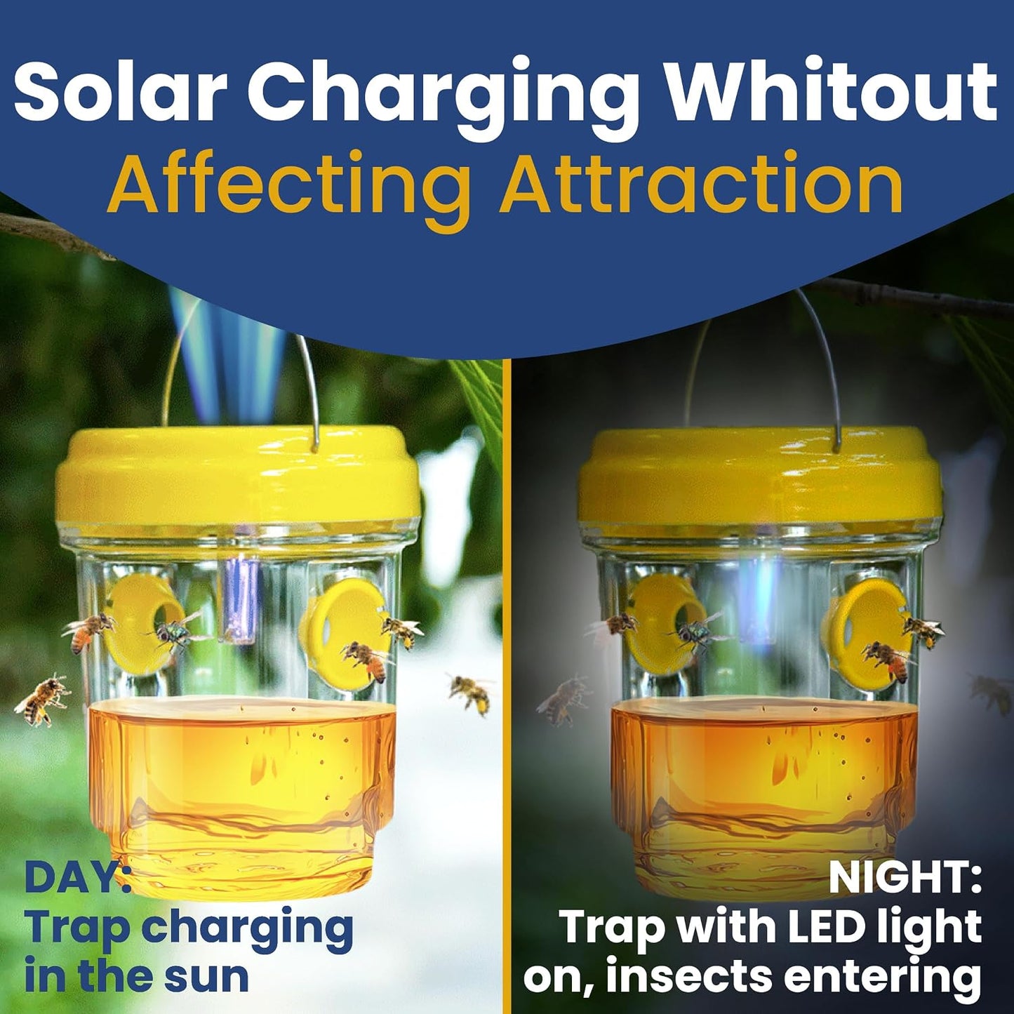 Solar Wasp Traps Outdoor Hanging 3 Pack Reusable Catcher with LED Light for Yellow Jackets Hornets Bees Flies Patio Porch Garden Backyard