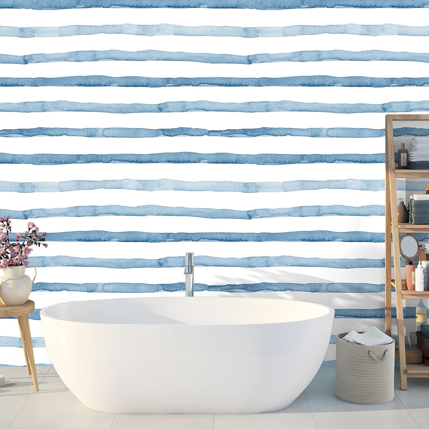 HAOKHOME Blue Wallpaper Peel and Stick Wall Paper Striped Coastal Boho Removable Indigo Blue/White Vinyl Self Adhesive for Bathroom Decor 17.7in x 32.8ft