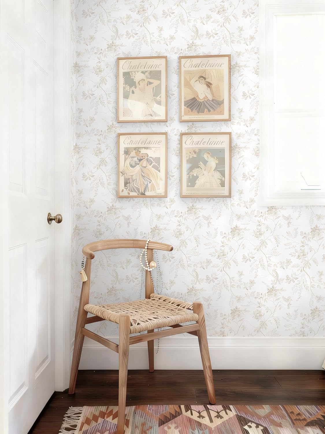 Dimoon 17.3''x78.7'' Vintage Peel and Stick Wallpaper Boho Beige Neutral Contact Paper White Floral Bird Wallpaper Removable Botanical Renter Friendly Modern Wall Paper Bedroom Bathroom Vinyl Roll