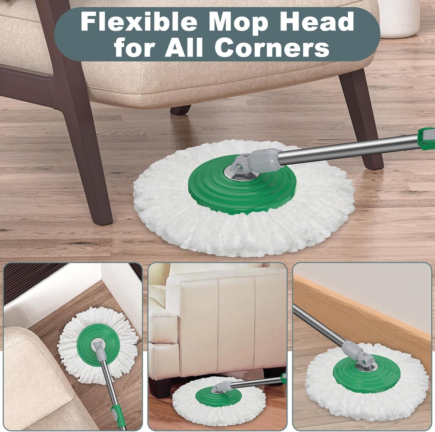 Spin Mop and Bucket System, Mop and Bucket with Wringer Set,Mops for Floor Cleaning,Household Supplies Tools with 6 Replacement Refills,61" Extended Handle for Household Hardwood Floor - Green