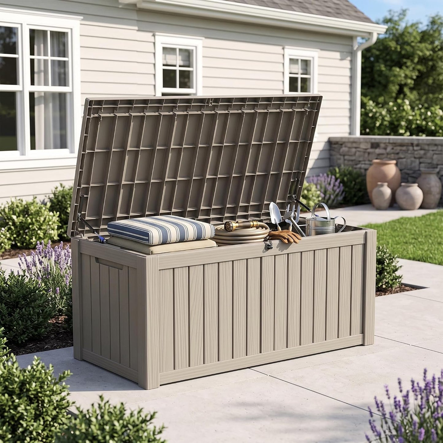 Outdoor Storage Box, 320 Gallon Waterproof Deck Box [Upgraded 3.0], Dual Gas-Spring Ultimate Resin Organizer for King Cushions, Heavy-Duty Lockable Estate Storage Bench, Backyard BBQ, Black