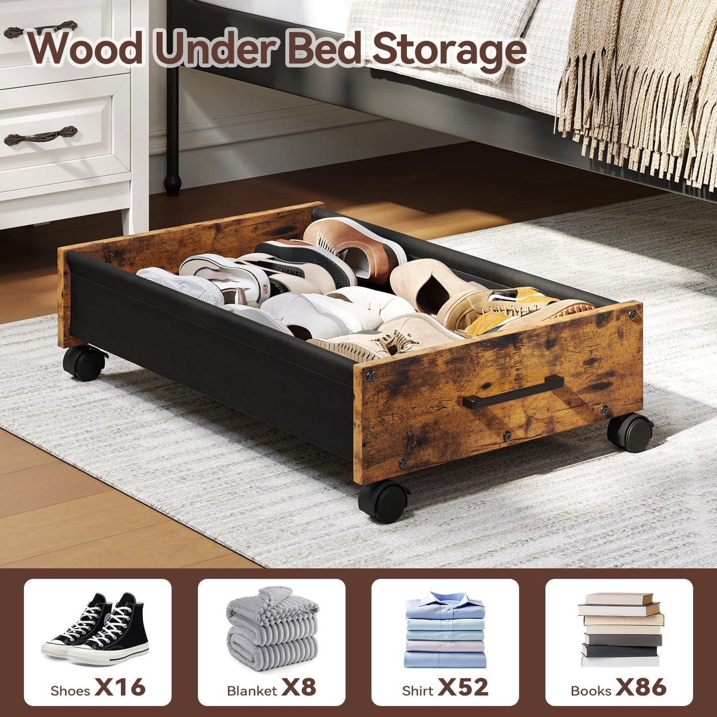 FOUCSSOMEI Under Bed Storage with Wheels, Wooden Under Bed Drawers On Wheels, Rolling Under Bed Shoe Storage, Space Saving, Rustic Brown,30L