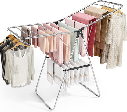 APEXCHASER Large Stainless Steel Clothes Drying Rack, Drying Rack Clothing with Height-Adjustable, Foldable Gullwings Laundry Rack, Indoor Outdoor Use, No Assembly,Black