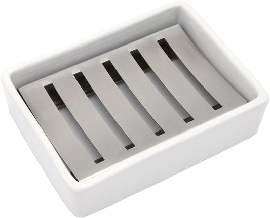 Ceramic Soap Dish Stainless Steel Soap Holder for Bathroom and Shower Double Layer Draining Soap Box