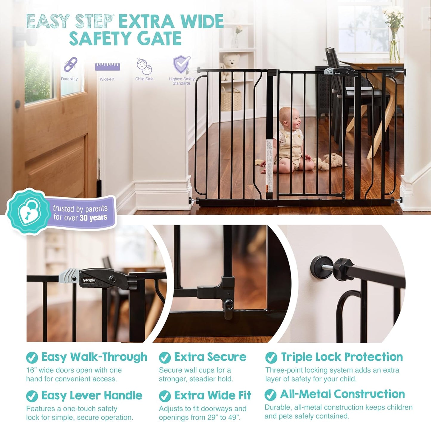 Regalo Safety 29-38.5" Baby Gate for Doorways & Bottom of Stairs, Pressure Mounted Baby Gate with Door for Babies, Toddlers & Pets, Tested & Safe for 30 Years, American Designed, American Owned, White