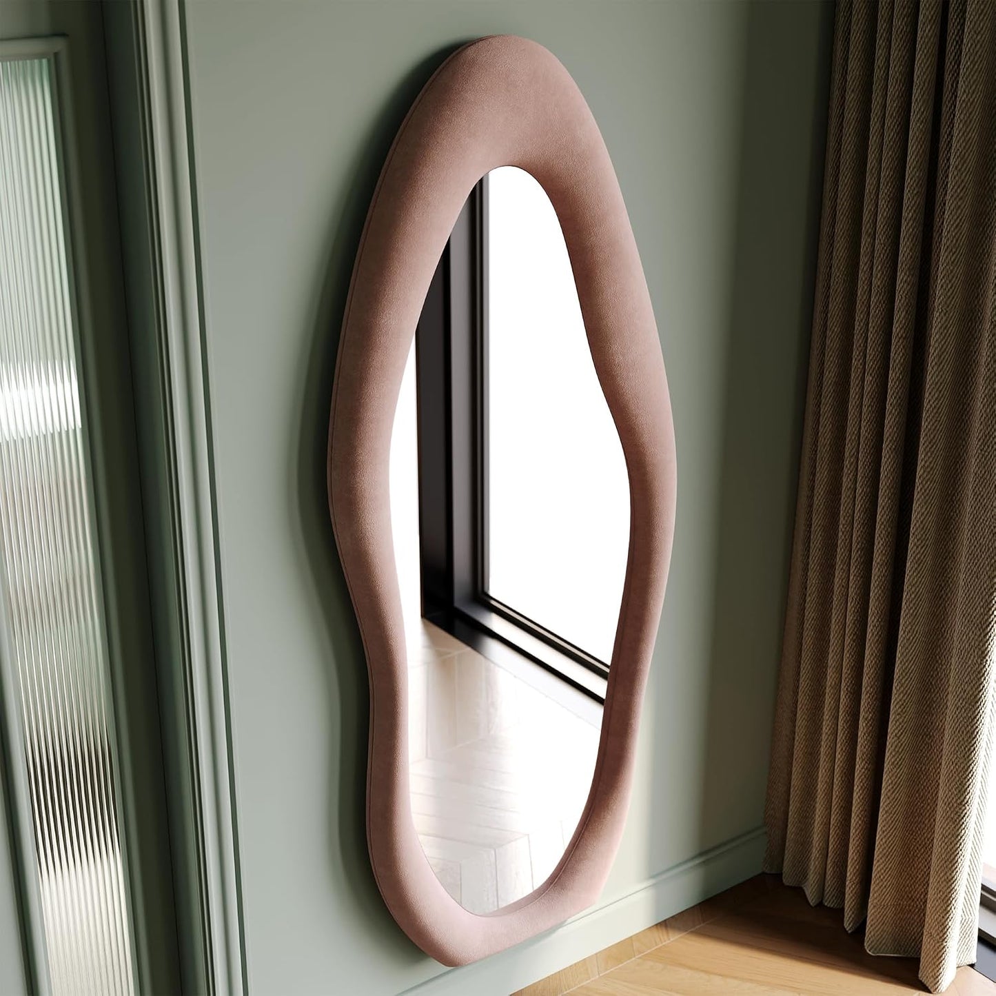 Honyee Full Length Mirror, 63" x 24" Wall Mirror, Flannel Wrapped Wooden Frame Floor Mirror, Irregular Wavy Mirror Hanging or Leaning Against Wall for Cloakroom/Bedroom/Living Room, Milk Tea