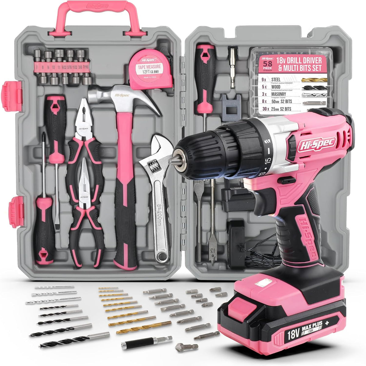 Hi-Spec Tool Kit with 3.6V USB Small Electric Screwdriver Set, Pink Drill Set for Women, Tool Kit for Home