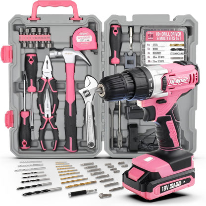 Hi-Spec Tool Kit with 3.6V USB Small Electric Screwdriver Set, Pink Drill Set for Women, Tool Kit for Home