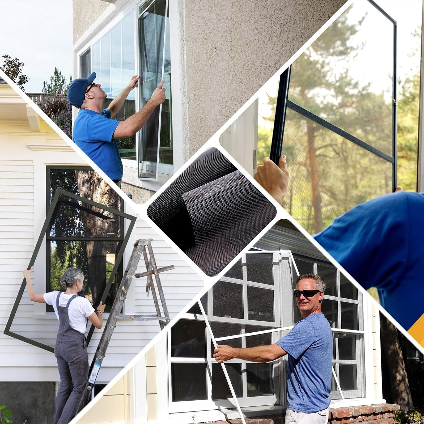 King&Charles Window Screen Door Repair/Replacement Kit, Include Black Screen Mesh 48"x118"+ 2 Roller+50Ft Spline+8Clips+Hook, 6 in 1 Window Mesh Kit, Steel/Nylon Bearing Roller