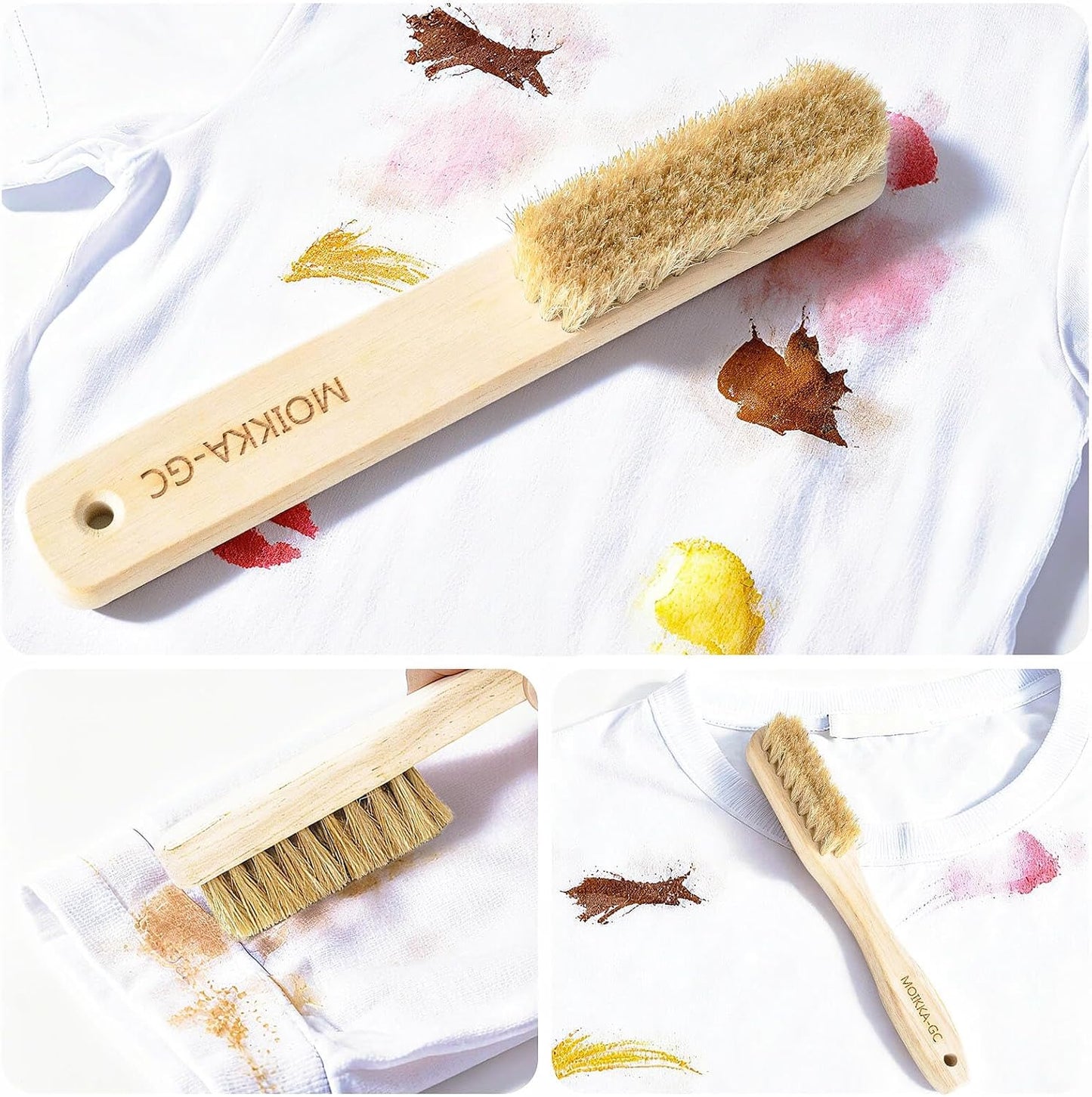 Wood Laundry Stain Brush with Boar Bristle, Tough Stain Remover for Delicate Fabric, Cotton, Linens, and Shoes, Laundry Scrub Brush for Fresh and Clean Fabric