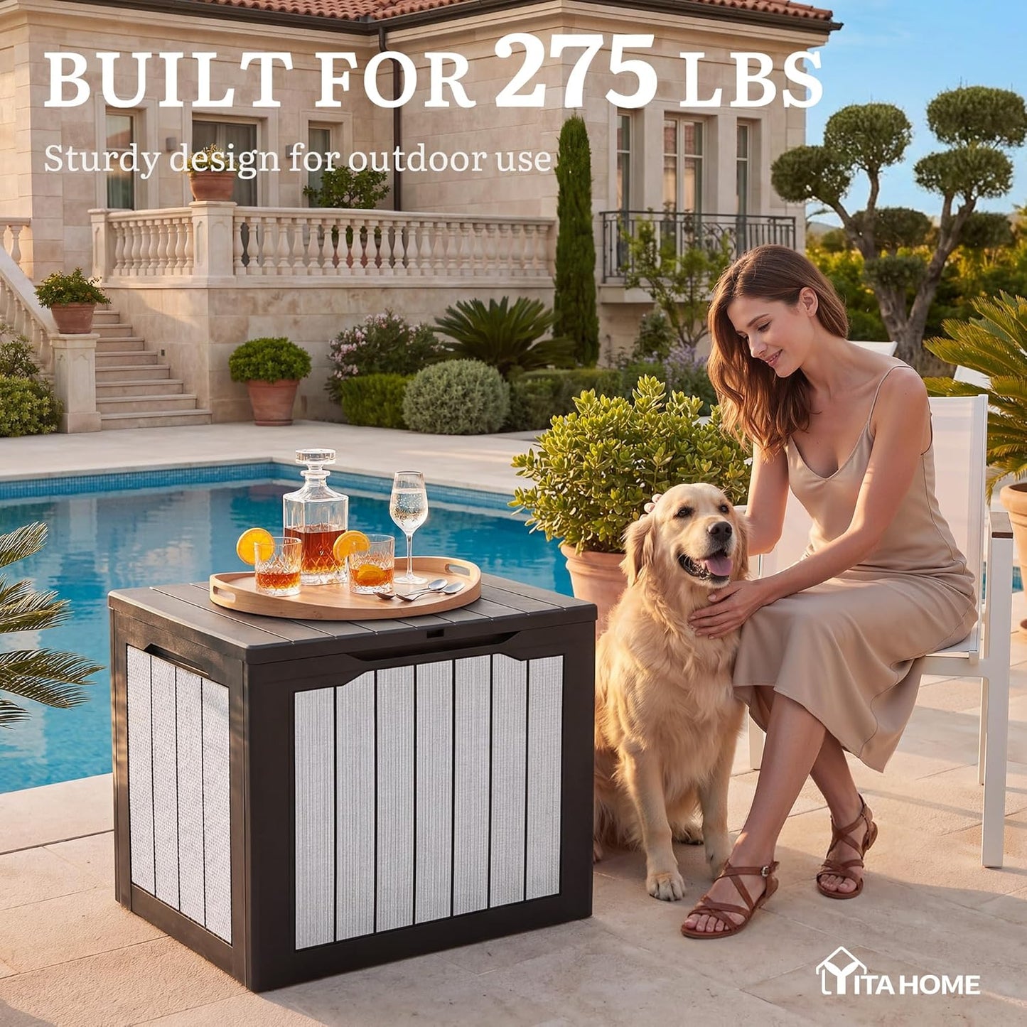 YITAHOME 100 Gallon Large Outdoor Deck Box | Waterproof Resin Storage Box, Lockable Indoor Outdoor Storage Container for Patio Furniture Cushions, Pool Accessories