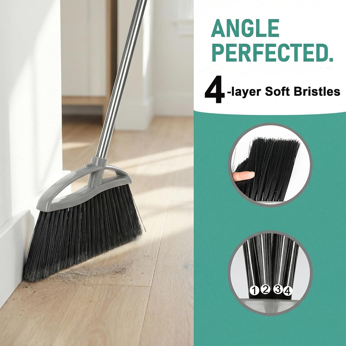 3 Pack Wide Heavy Duty Angle Broom - Stiff Bristle Outdoor Brooms for Sweeping Patio, Garden, Garage, Yard (Black, Yellow, Green)