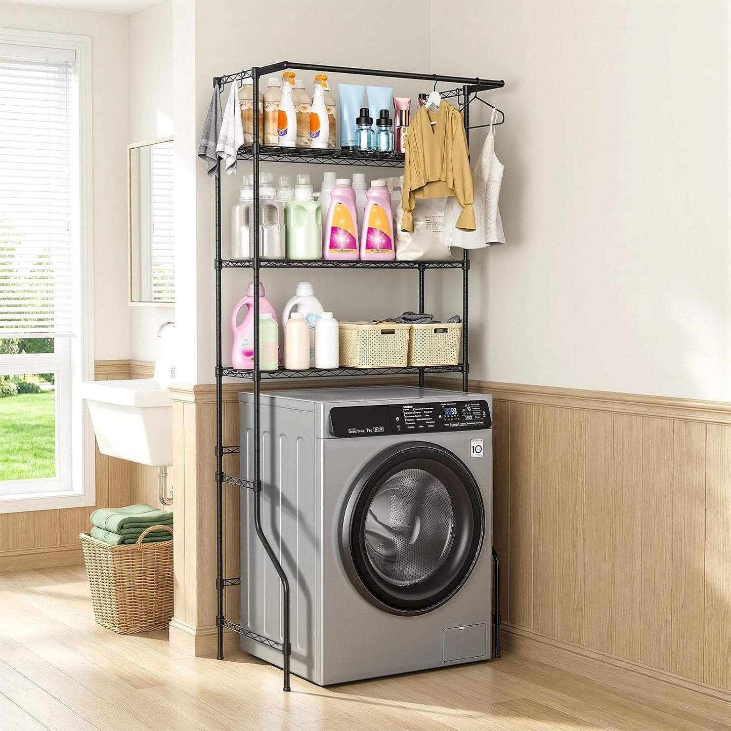Over Washer and Dryer Shelves 3 Tiers Laundry Room Shelf Adjustable Height Metal Freestanding Clothes Drying Rack with Hanger Rod & Hooks Laundry Storage Organizer Black