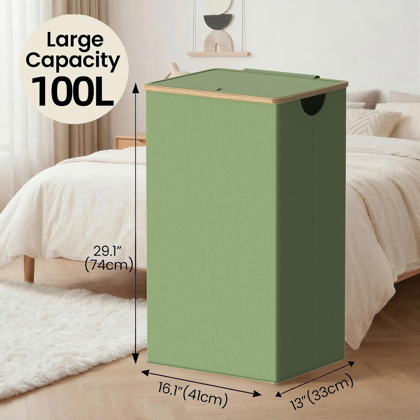 efluky Slim Laundry Basket with Lid, Narrow Laundry Hamper with Removable Bag, Skinny Dirty Clothes Basket with Bamboo Handles for Bathroom, Bedroom & Laundry Room, 75L Beige