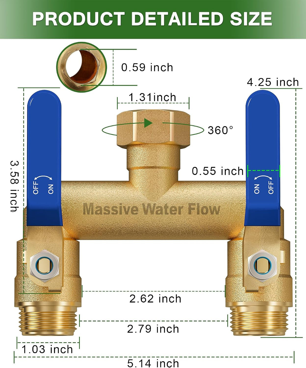 Hose Splitter 2 Way Heavy Duty, Full Flow Garden Hose Splitter with 2 Long Metal Handles, Brass Rust and Freeze Resistant Water Hose Bib Splitter, T Adapter Connector with 3/4 - Inch GHT Thread（Red）