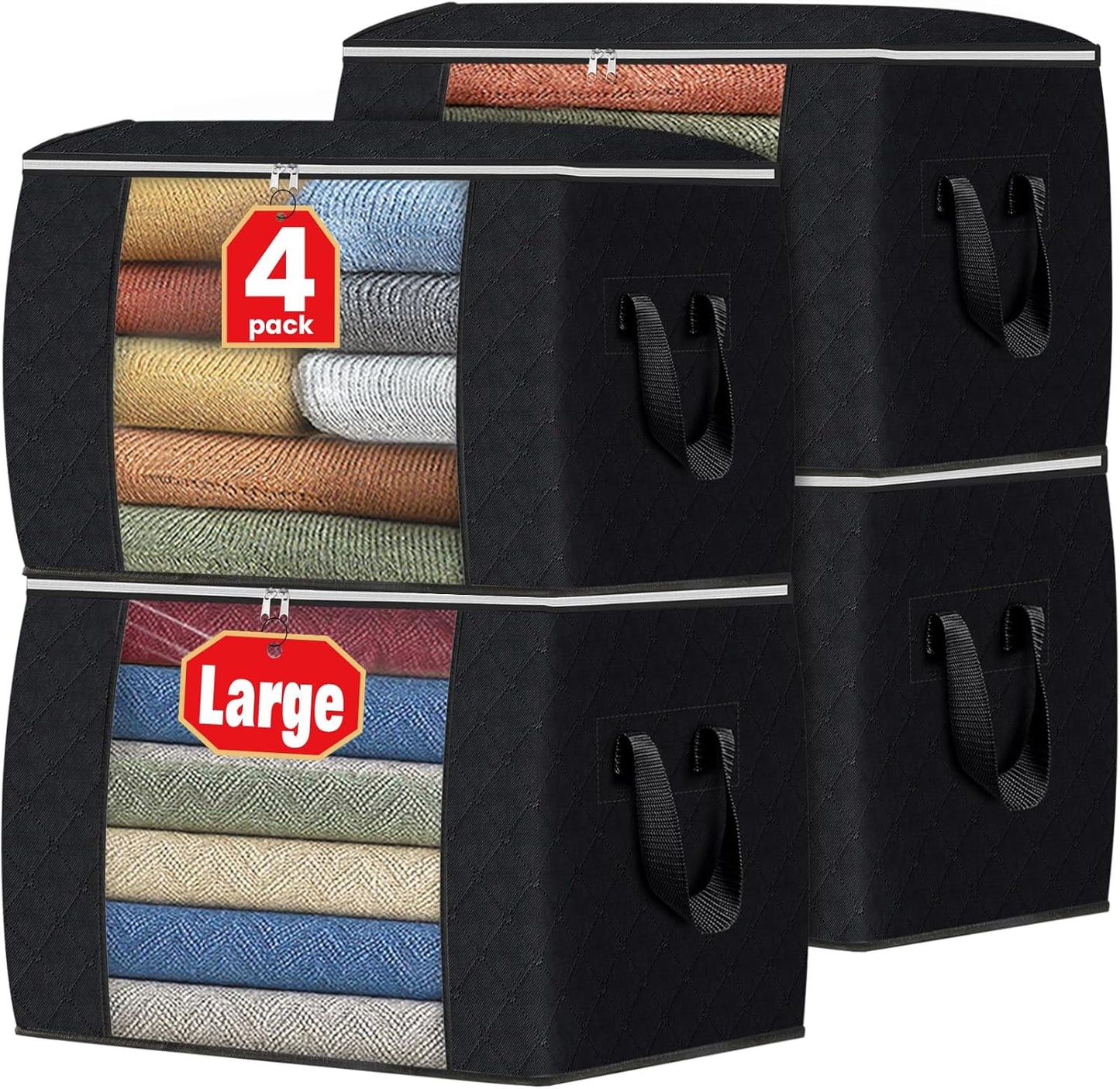 Fab totes 6 Pack Storage Bags for Clothes and Blanket, Foldable Closet Organizers and Storage with Zippers, Clear Window and Handles, Fabric Storage Bins for Sweater, Comforter, Bedding,Linen Sheets