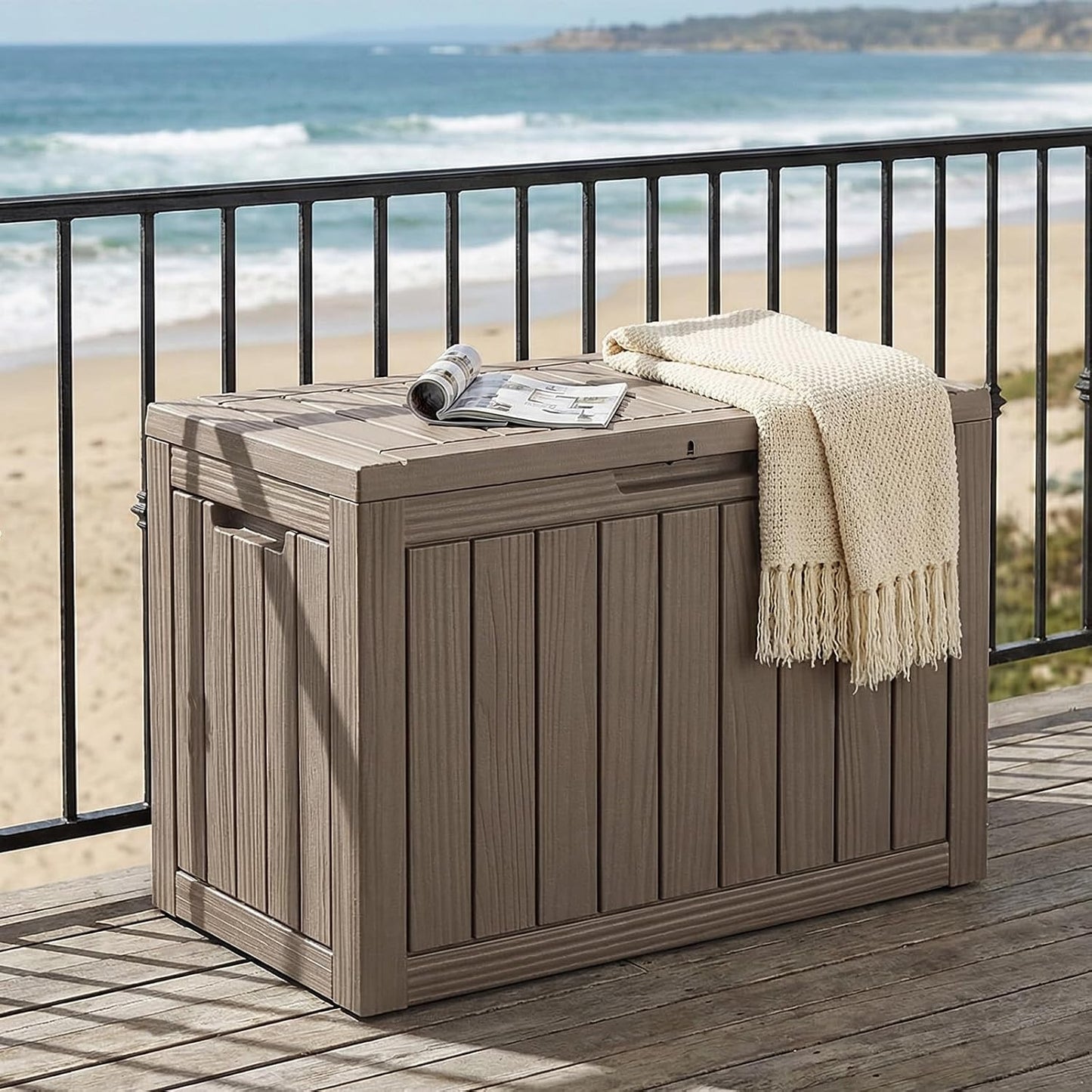 ROJIK 55Gal Outdoor Storage Box Waterproof Deck Box | Heavy-duty UV-resistant resin, space-saving for balcony/patio, stores cushions/tools/pool gear, lockable lid as table/bench