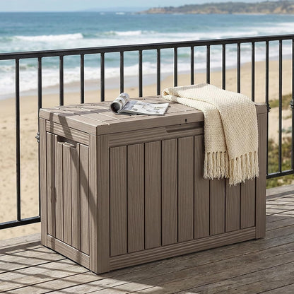 ROJIK 55Gal Outdoor Storage Box Waterproof Deck Box | Heavy-duty UV-resistant resin, space-saving for balcony/patio, stores cushions/tools/pool gear, lockable lid as table/bench