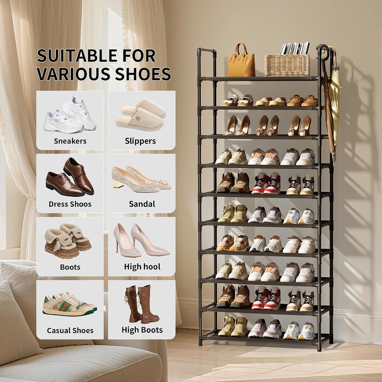 Shoe Rack, 10 Tier Shoe Storage Organizer with Hooks,Fit 40-45 Pairs Shoes,Metal Tall Shoe Shelf for Closet,Entryway, Hallway,Garage,Bedroom,Cloakroom