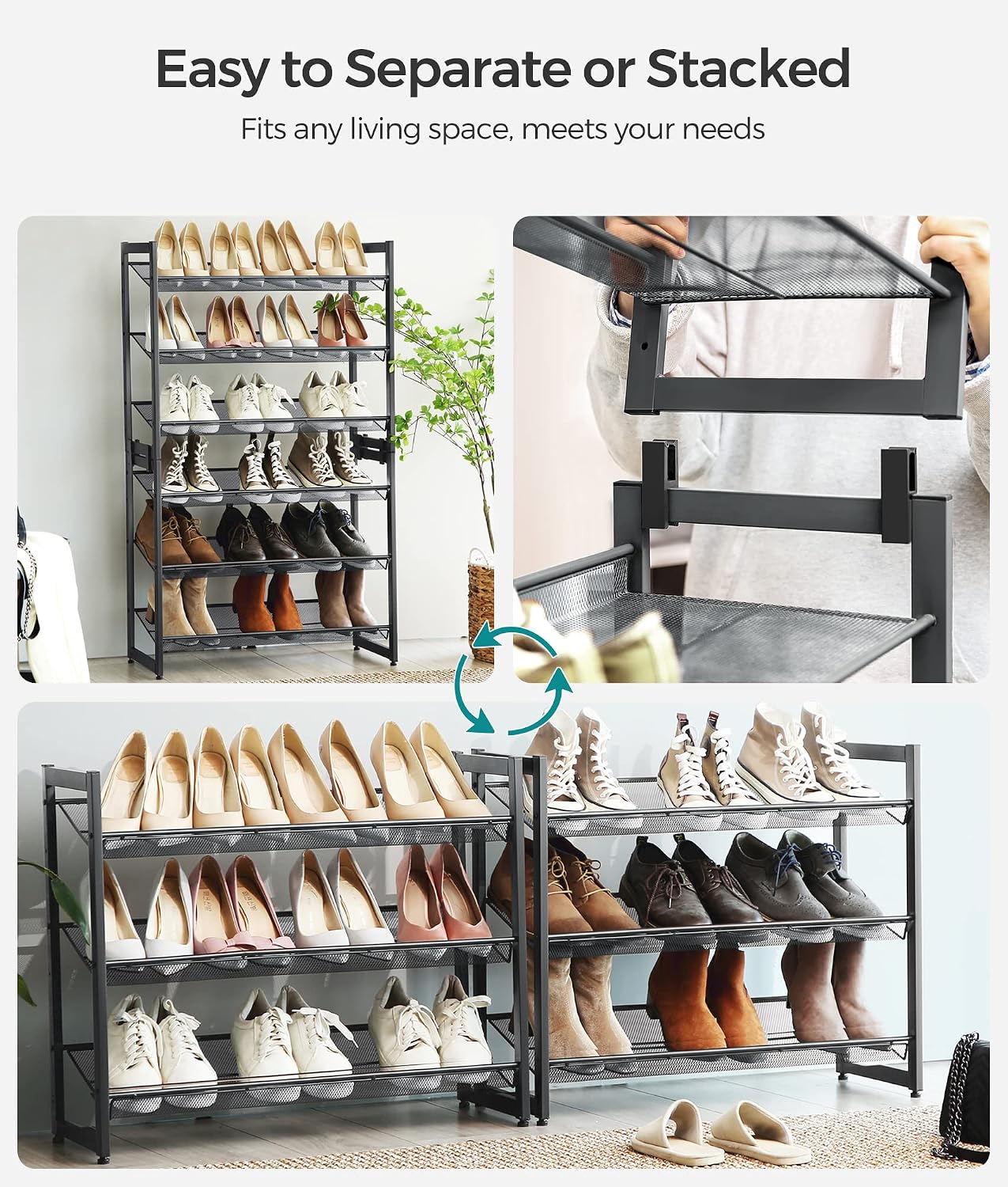 SONGMICS Shoe Rack, 12-Tier Shoe Organizer, Metal Shoe Storage for Garage, Entryway, Set of 2 6-Tier Stackable Shoe Shelf, with Adjustable Flat or Angled Shelves, Holds 48-60 Pairs, Black ULMR12B