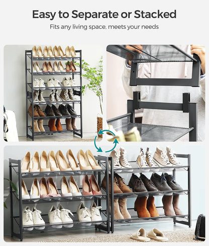SONGMICS Shoe Rack, 12-Tier Shoe Organizer, Metal Shoe Storage for Garage, Entryway, Set of 2 6-Tier Stackable Shoe Shelf, with Adjustable Flat or Angled Shelves, Holds 48-60 Pairs, Black ULMR12B