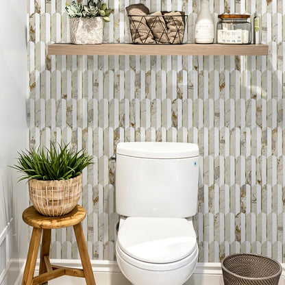 Vamos Peel and Stick Backsplash Seamless Tile for Kitchen and Bathroom,White and Beige Slate PVC Mixed Light Gold Self Adhesive Fish Scale Metal Mosaic Tiles (10 Sheets)