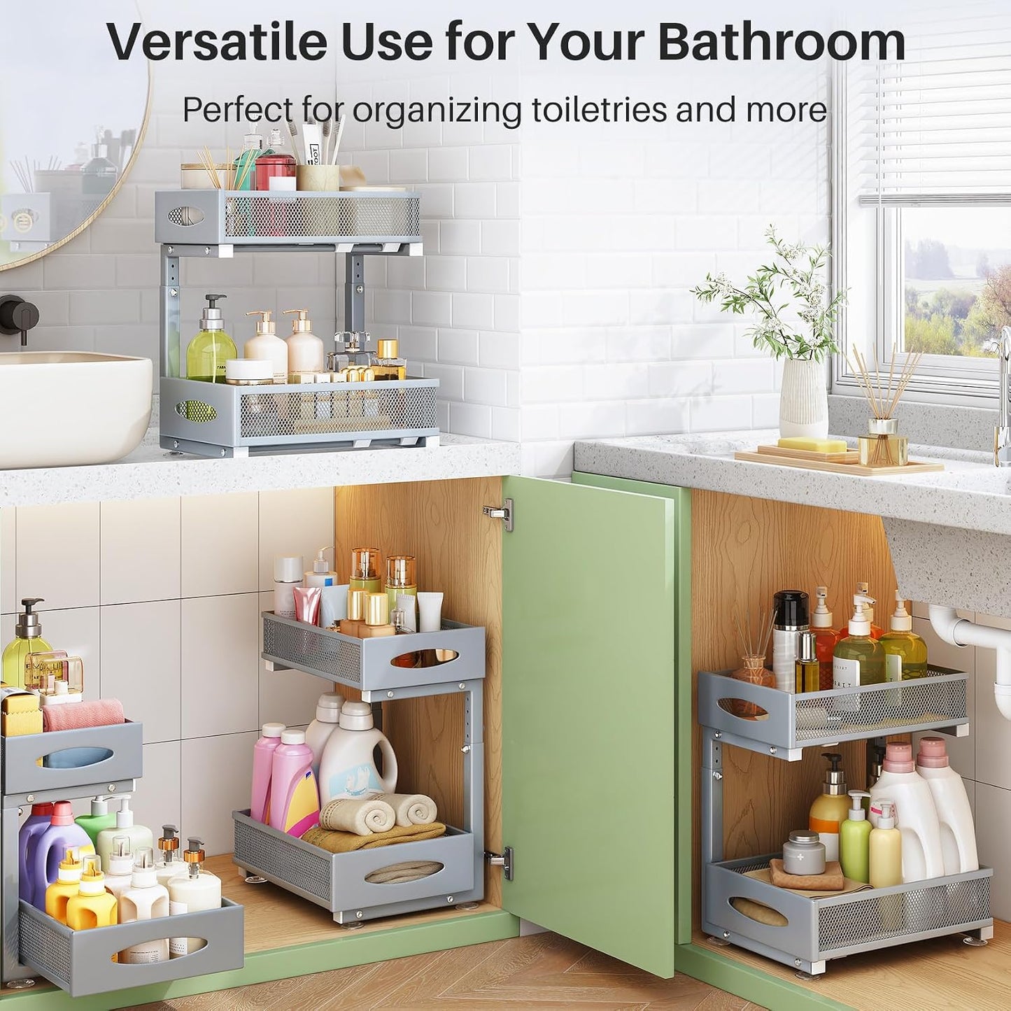 Under Sink Organizer, 2 Tier Pull out Cabinet Organizer Baskets with Mesh Sliding Drawers, Slide out Storage Shelf for Home, Kitchen, Bathroom, Pantry, Office Cabinet, Countertop(1 Pack)