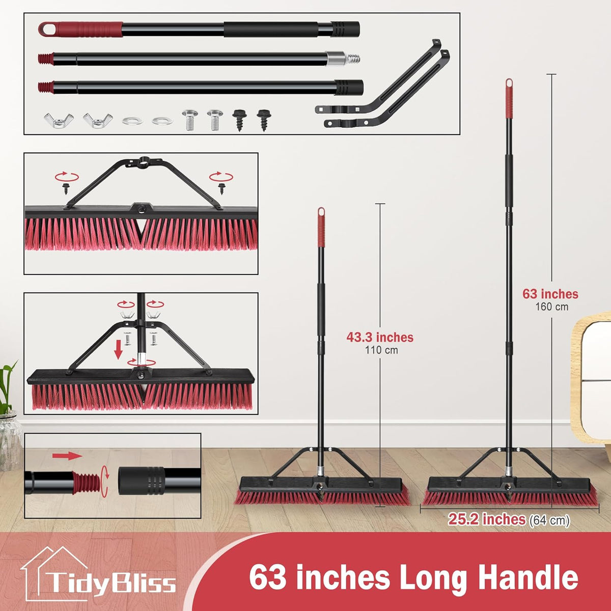 TidyBliss 24” Push Broom Outdoor Heavy Duty, Large Commercial Stiff Bristle Brush with 63 inches Long Handle for Garage Shop Garden Yard Patio Deck Street Warehouse Lawn Driveway (Yellow-Green)