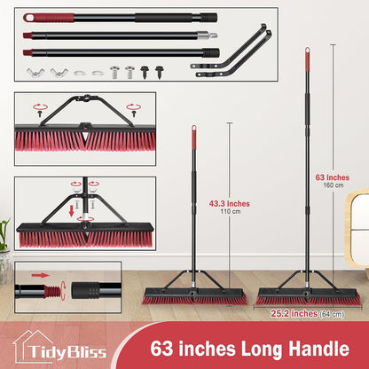 TidyBliss 3 Pack 18” Push Broom Outdoor Heavy Duty, Large Commercial Stiff Bristle Brush with 63 inches Long Handle for Garage Shop Garden Yard Patio Deck Street Warehouse Lawn Driveway (Green)