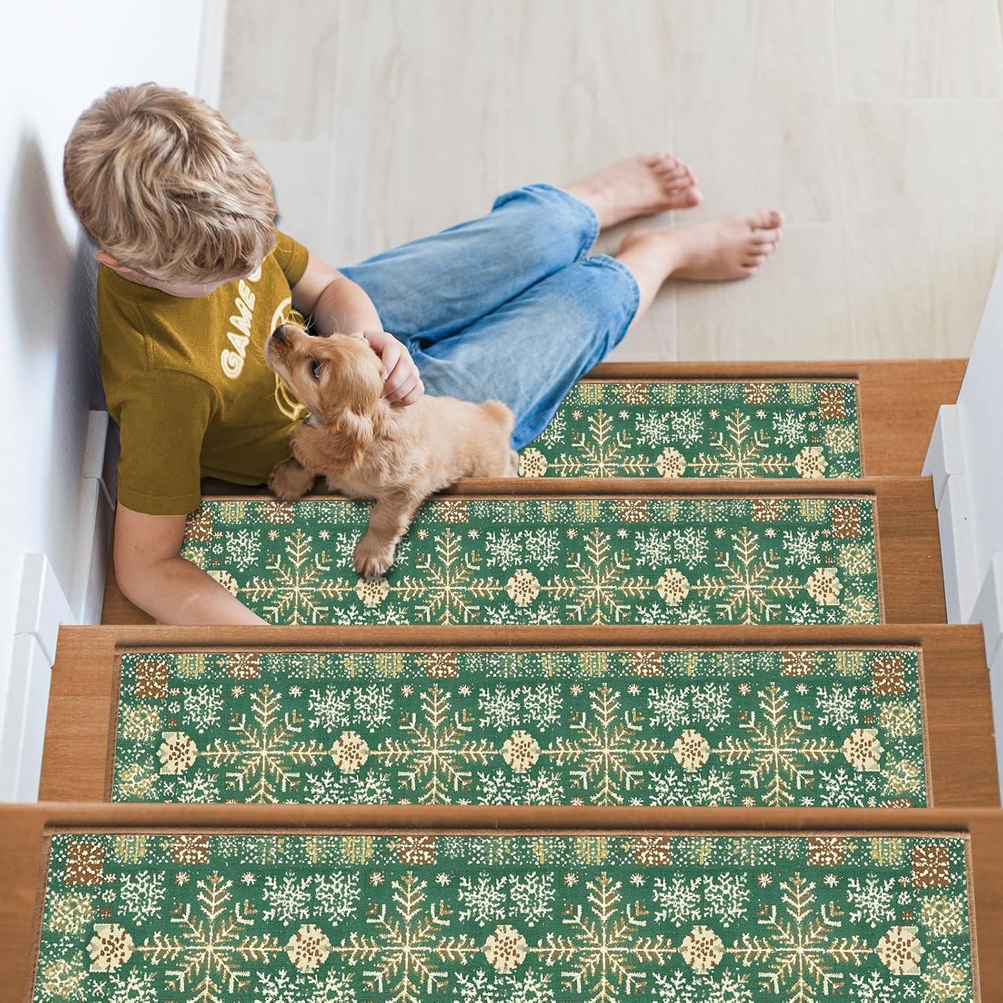 Non Slip Stair Treads for Wooden Steps, 15 Pack 8"x30" Washable Carpet | 8x30 in soft chenille polyester stair treads with reusable TPE backing for indoor wood stairs, dogs, kids, and seniors