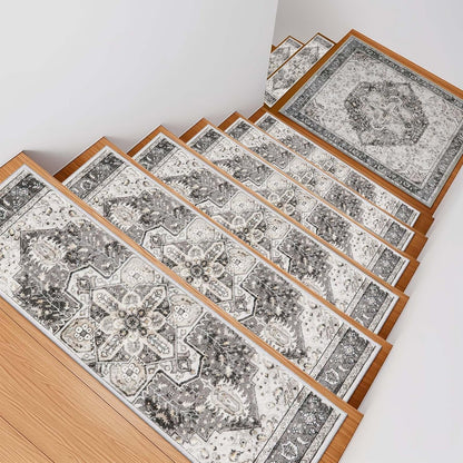 OJIA Stair Treads Non Slip for Wooden Steps Indoor 15PCS Carpet Stair Treads, Rubber Backing Stair Carpet Treads, Residue Free 8"x30" Staircase Step Treads Edging Stair Rugs for Kids & Pets, Gray