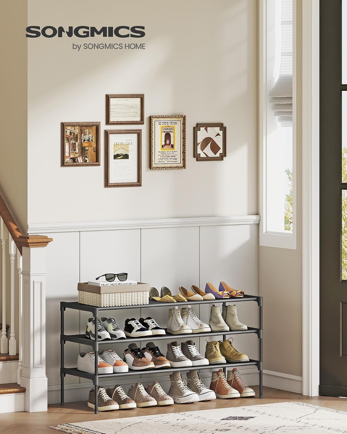 SONGMICS Shoe Rack, 2-Tier Shoe Storage Organizer, Space-Saving, 11.7 x 16.5 x 12.2 Inches, Entryway, Metal Frame, Non-Woven Fabric Shelves, Ink Black ULSH012BH01