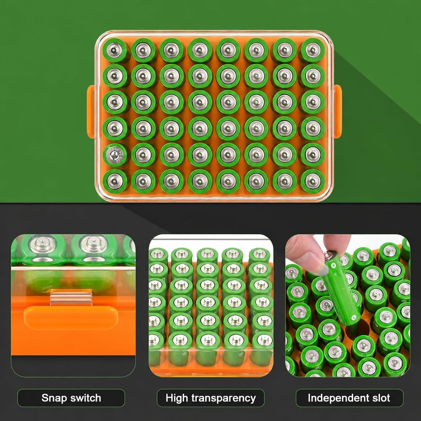 ALCYON Battery Organizer Storage Case, Battery Vault Box Container for 48pcs AA Batteries, Plastic Clear Protective Battery Holder for Travelling/Home/Office (Black, Large)