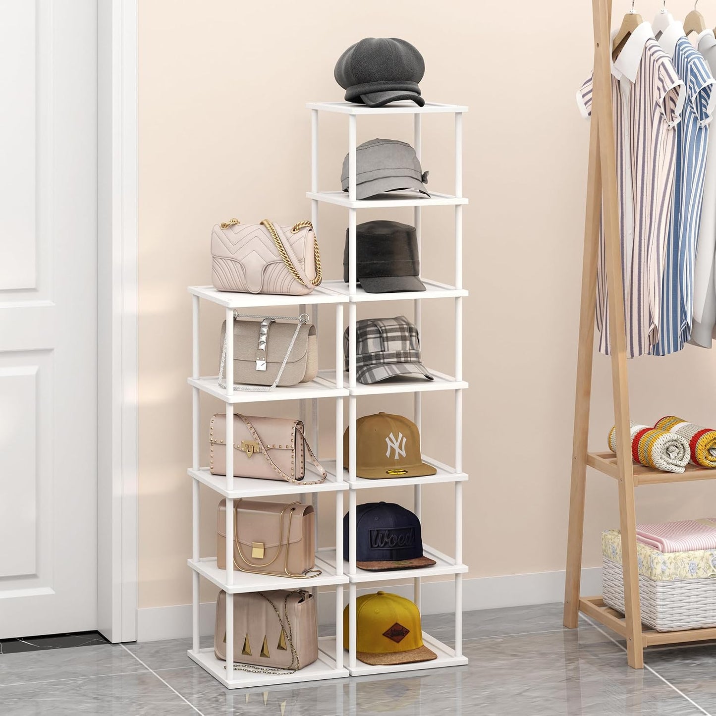 Vertical Tall Shoe Rack Organizer for Entryway -7 Tier Free Standing Slim Narrow Bamboo Wood Corner Stackable Shoe Boots Storage Stand Small Spaces for Closet Garage Cloakroom Living Room (Black)