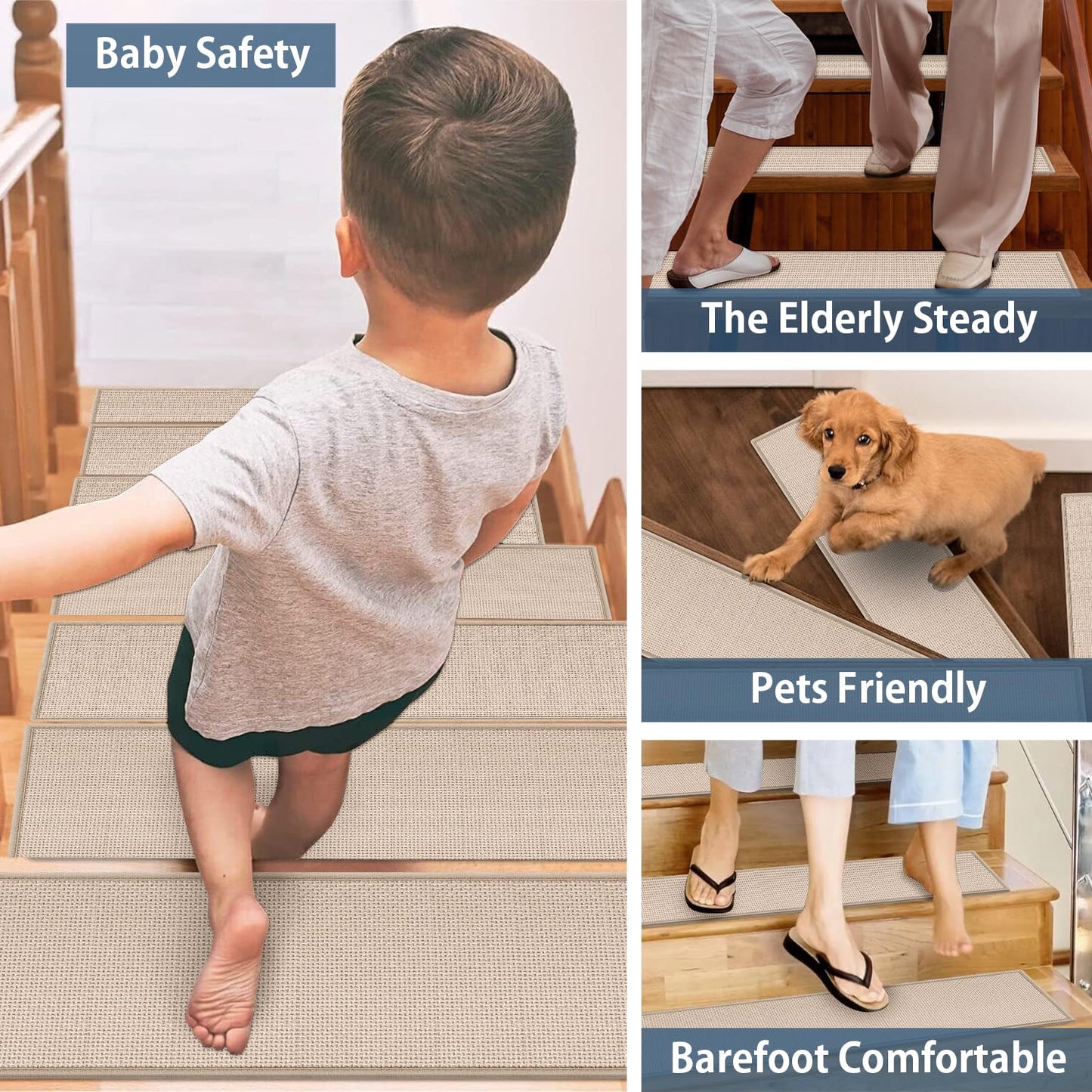 Peel and Stick Carpet Stair Treads for Wooden Steps Set of 15, Non Slip Adhesive Jute Stair Mats Indoor, Rubber Backing Safety Step Pads Mats, Grey, 8"x30"