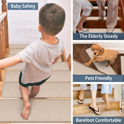 Peel and Stick Carpet Stair Treads for Wooden Steps Set of 15, Non Slip Adhesive Jute Stair Mats Indoor, Rubber Backing Safety Step Pads Mats, Grey, 8"x30"