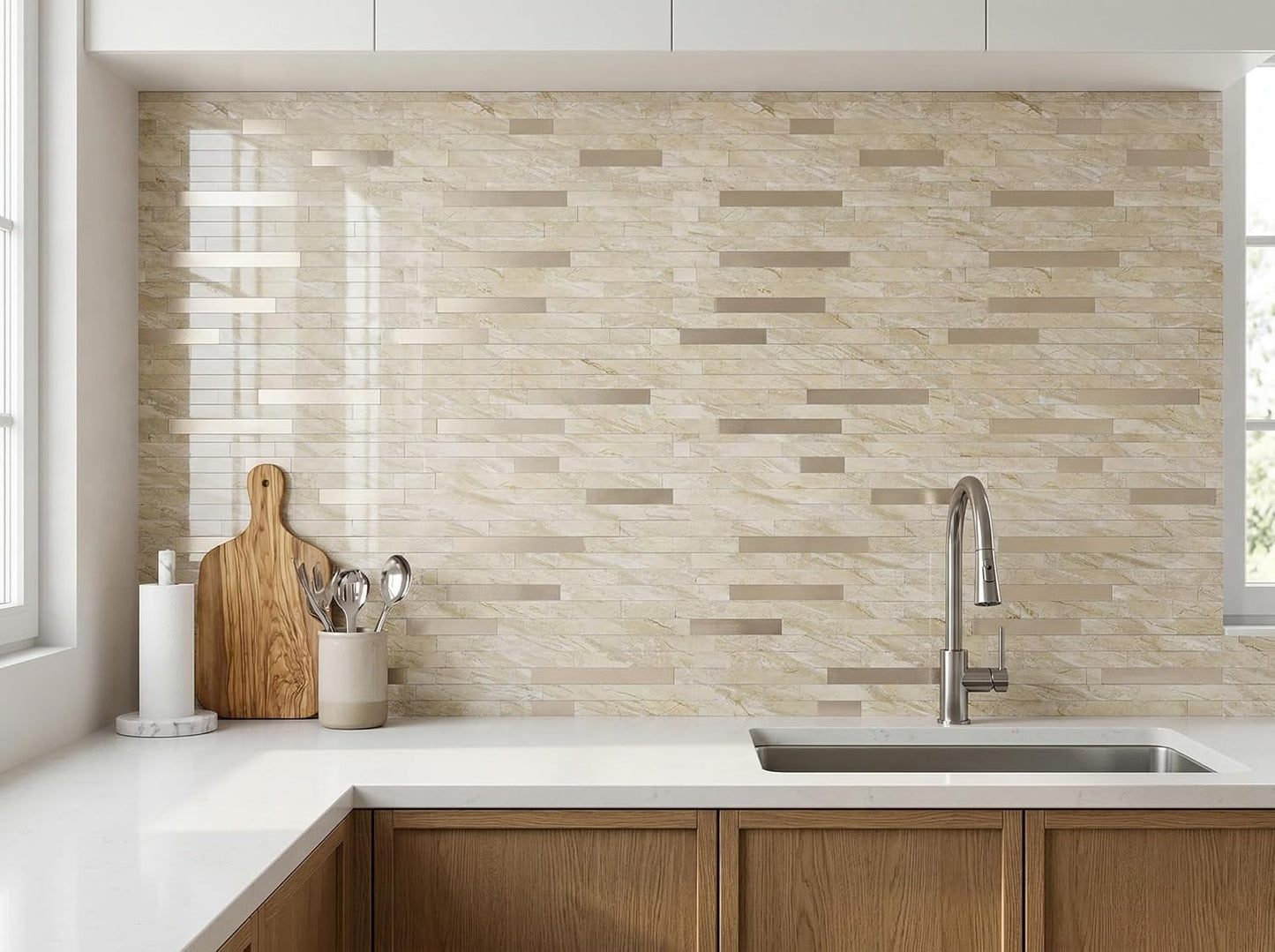 Yipscazo 2026 New Upgrade 11.34" X 11.57" Peel and Stick Backsplash, Stick on Backsplash Tiles for Kitchen, Bathroom, Fireplace (10 Sheets, Beige Rocks + Rose Gold)