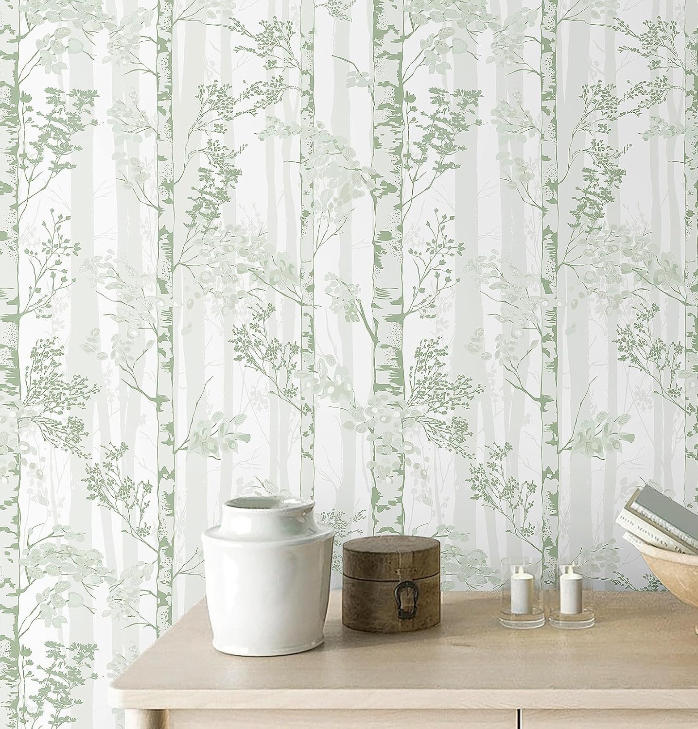 Safiyya Peel and Stick Wallpaper Beige Forest Contact Paper 17.3" x 118" Vintage Tree Wall Paper Renter Friendly Self Adhesive Removable Wallpaper for Bathroom Vinyl Off-White
