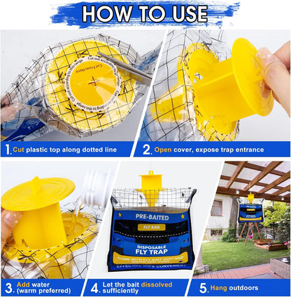 6 Pack Fly Traps Outdoor Hanging for Patio, Outdoor Disposable Hanging Fly Trap with 30g Bait, Bug Fly Hunter Catcher Killer Control for Barn Horse Ranch Chicken Coop