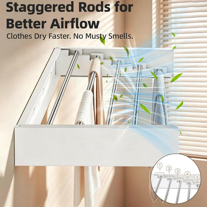 Wall Mounted Clothing Drying Rack 32“ Folds to 1.2” Ultra-Thin Space Saving Clothes Laundry Rack Holds 50 lbs Rust-Resistant Collapsible Space Aluminum for Apartment, RV, Laundry Room, White