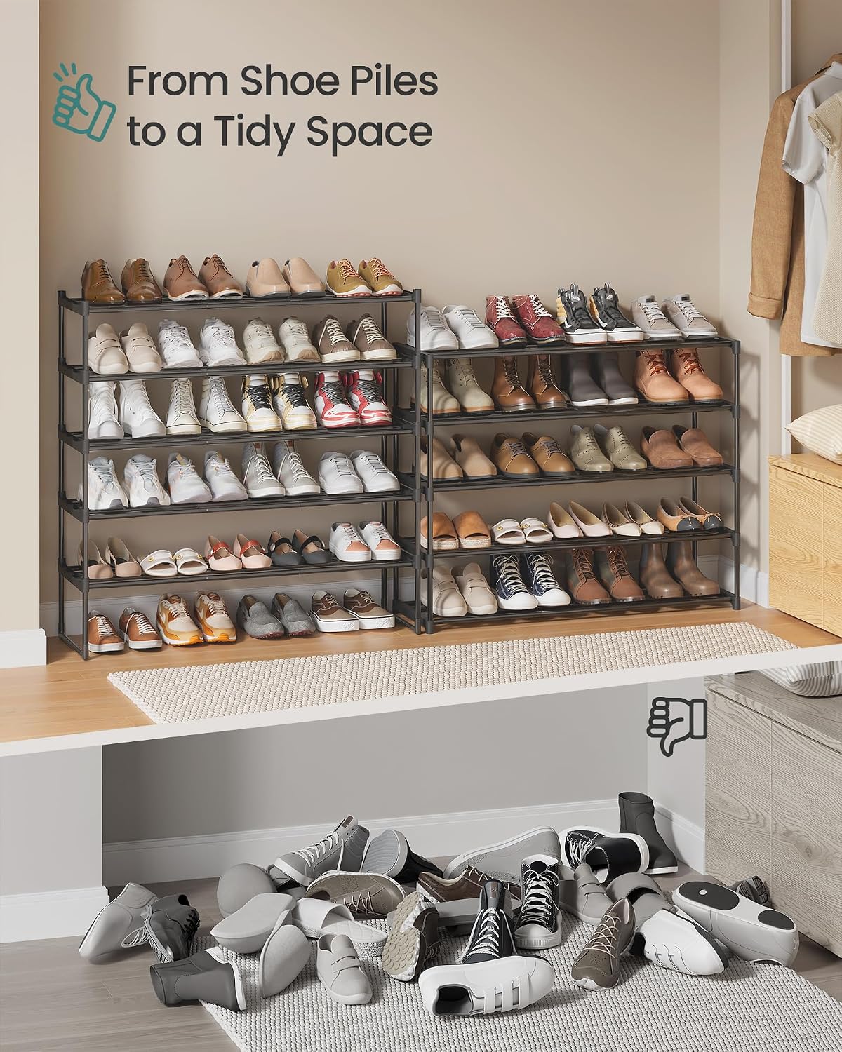 SONGMICS Shoe Rack, 6-Tier Shoe Organizer, Metal Storage Shelf, Upright or Upside Down, for 24-30 Pairs, Stackable, for Entryway, 11.8 x 36.2 x 42.7 Inches, Black ULSA306BH01