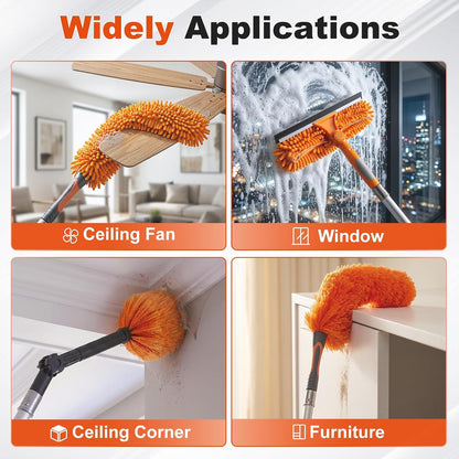 20 Foot High Ceiling Fan Cleaner Duster Kit with 5-12ft Heavy Duty Extension Pole, Microfiber Feather Duster, Cobweb Duster, Ceiling Fan Duster and Window Squeegee, Long Dusters for Cleaning